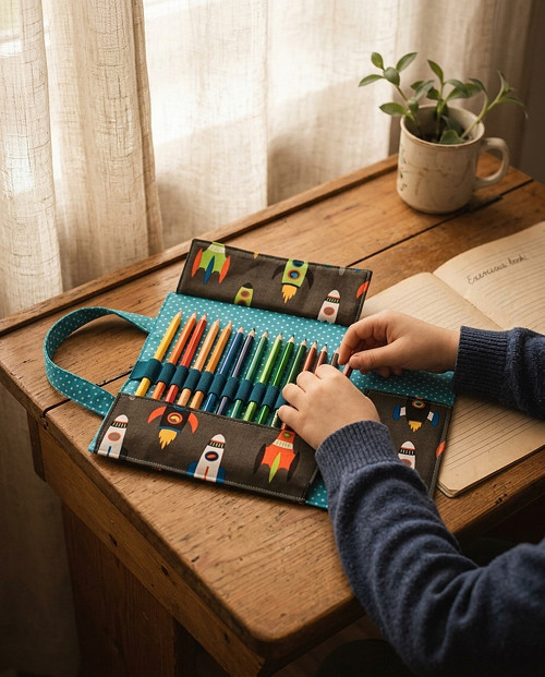 Textilní pastelkovník s motivem raket