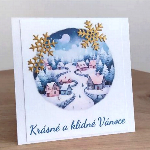 Přáníčko Vesnička v modrém - 10x10cm — foto 1