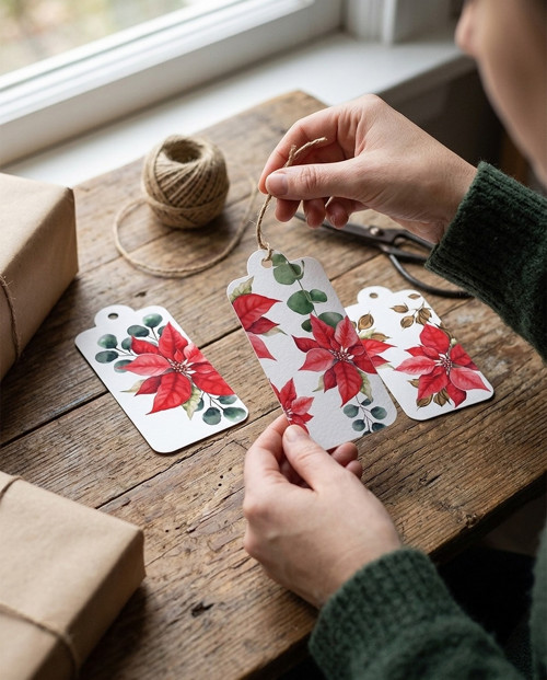Jmenovky na dárky s vánoční hvězdou - Poinsettia