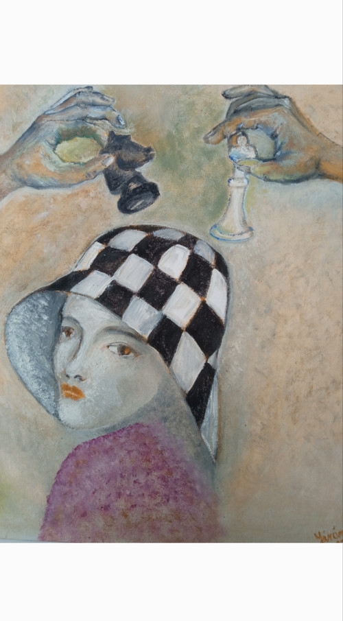Šachová partie - olejomalba 53x43 ZARÁMOVÁNO