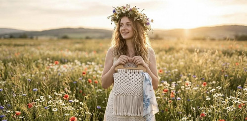 Krémová boho kabelka s dřevěnými uchy