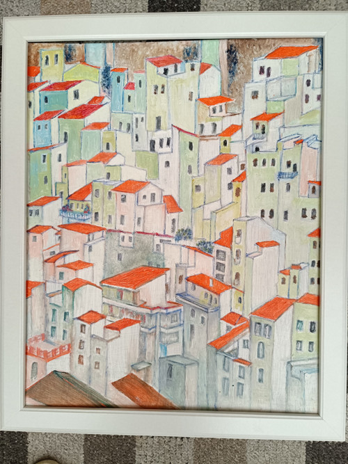 Oranžové střechy - olejomalba 54x44 ZARÁMOVÁNO