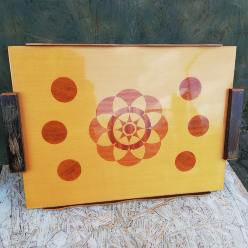Vintage dřevěný podnos, mandala, intarzie.