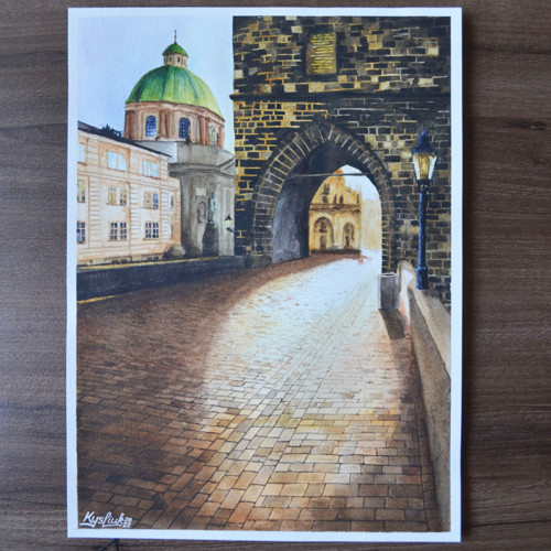 Akvarel "Ráno na Karlově mostě"