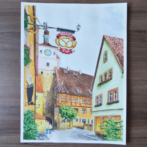 Akvarel "Rothenburg - Bílá věž"