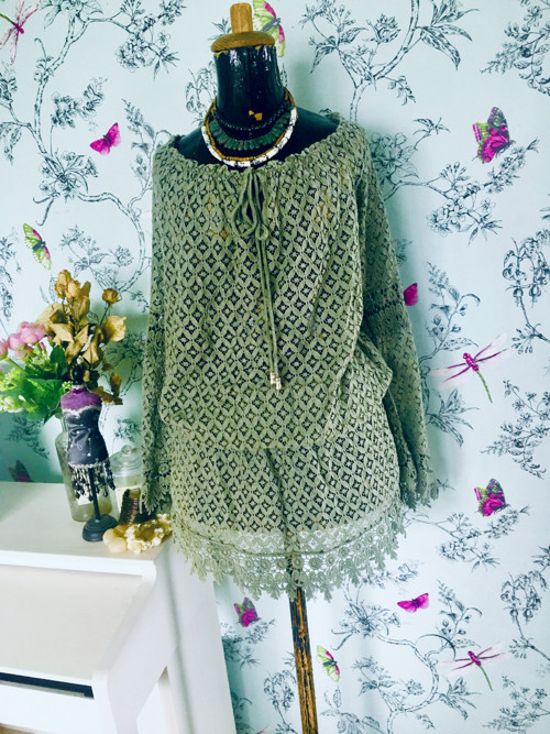 Tunika boho krajková v olivové — foto 1