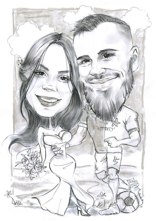 Černobílá karikatura z fotky / 2 osoby na papíře