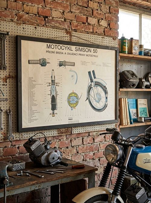 Školní plakát: Motocykl Simson - přední brzda