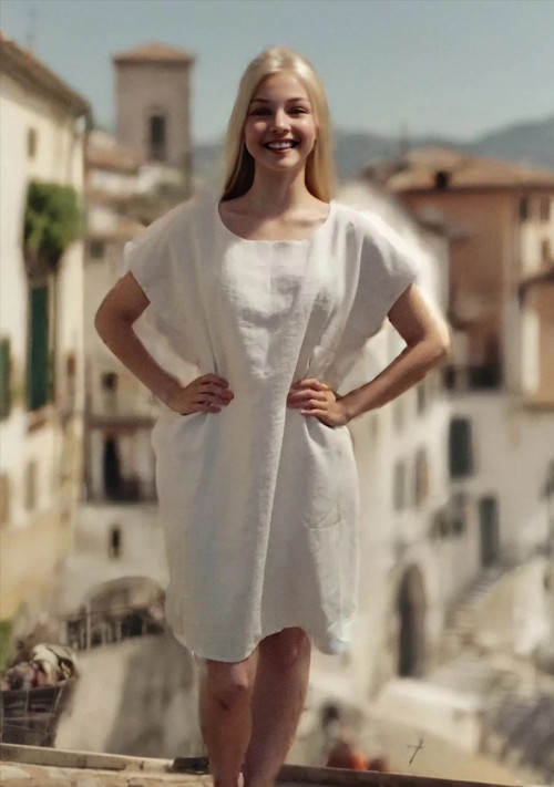 Volné, letní šaty ze 100% měkčeného lnu - béžová