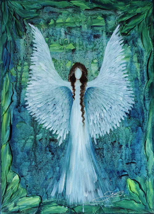 Anděl - olej na plátně + reliéf - 30x20cm