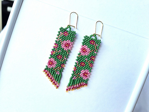 Pink Flower Beaded Earrings