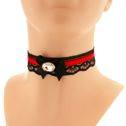 Černo červený obojek, saténový choker s krajkou
