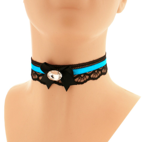 Černo tyrkysový obojek, saténový choker s krajkou
