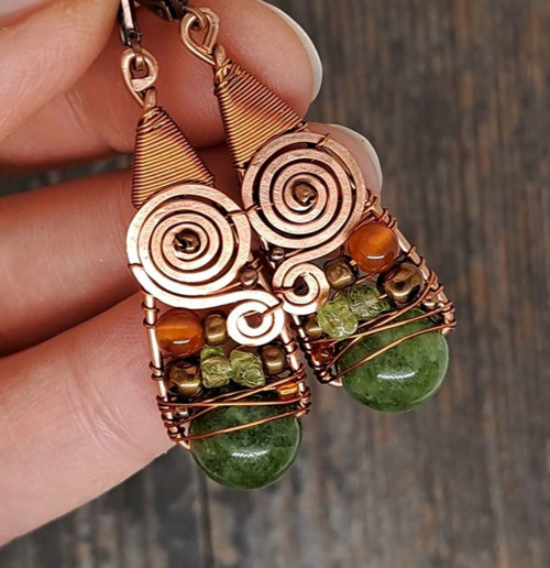 Náušnice Green Chalcedon+Vltavín+Karneol — foto 1