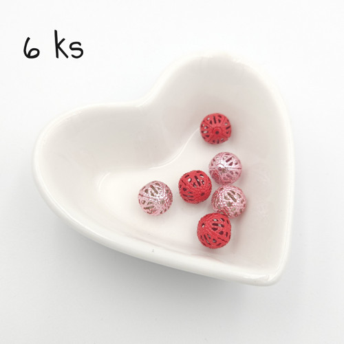 Filigránové korálky 10 mm, růžové a červené, 6 ks