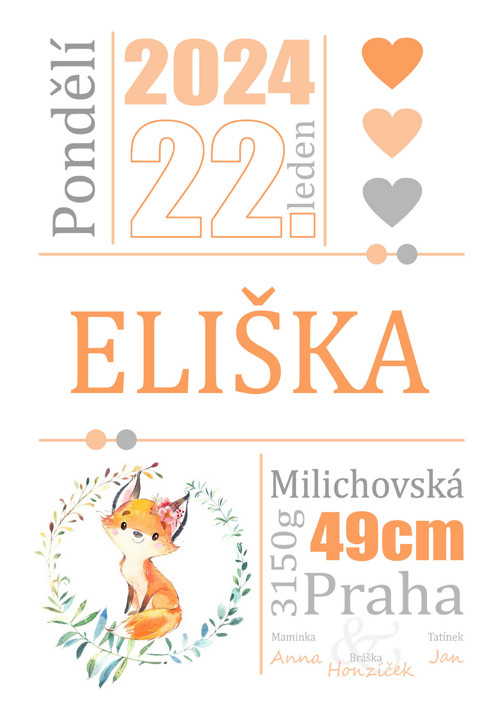 Pamětní list k narození miminka - liška 2
