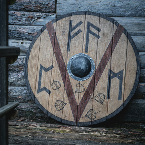 Vikingský štít s runami a kovanou pěstní poklicí.