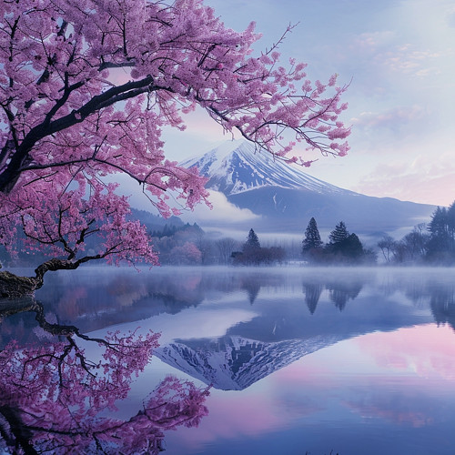 Kvetoucí Sakura nad jezerem