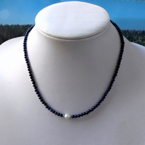 Náhrdelník - lapis lazuli, perla, nerez