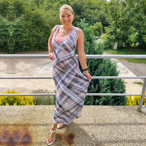 Těhotenské a kojící šaty Longlier růžovomodré káro