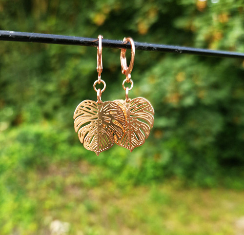 Ocelové náušnice*listy monstery*rosegold