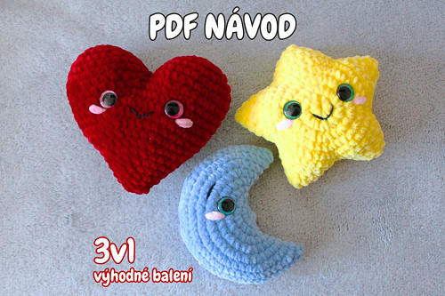 PDF NÁVOD: 3v1 Háčkované srdce, hvězda, měsíc