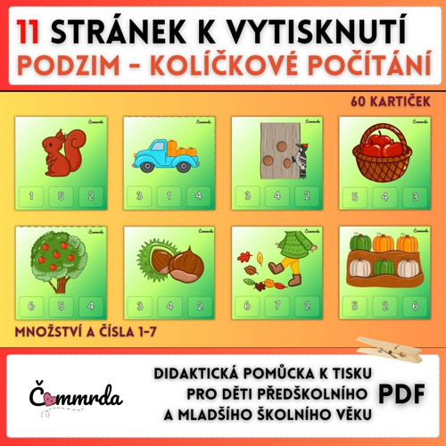 Kolíčkové počítání (0-7) - podzim (PDF k tisku)