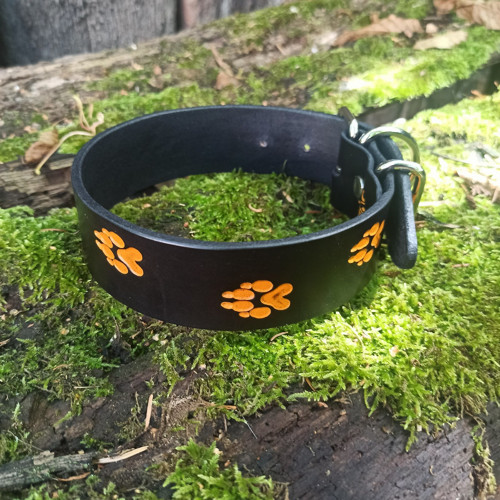 Kožený obojek 40 mm tlapičky černé se žlutou