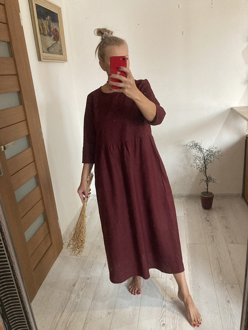 Ľanové Šaty s Rukávmi a Vreckami /BURGUNDY/
