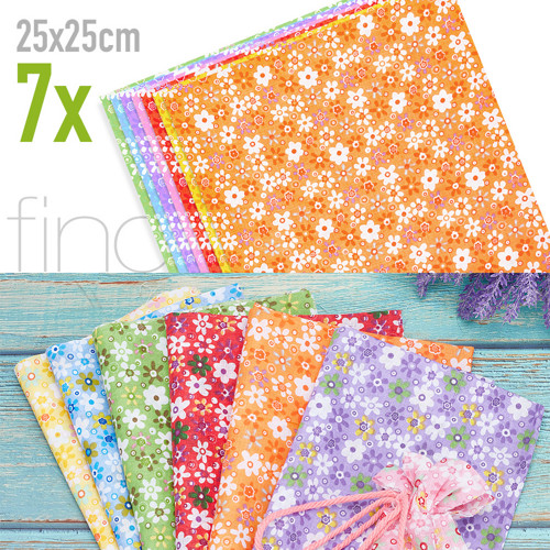 Látky kytičky 7x 25x25cm / Růžovo fialový mix