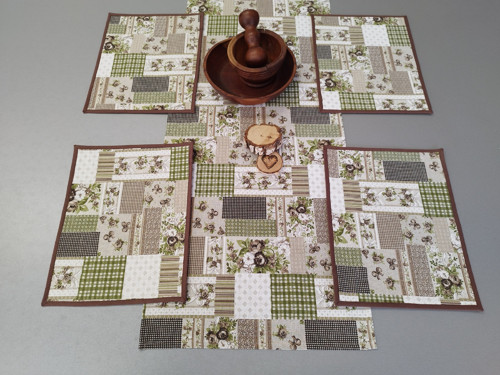 KOMPLET 4x prostírání 1x šerpa HNĚDÝ PATCHWORK