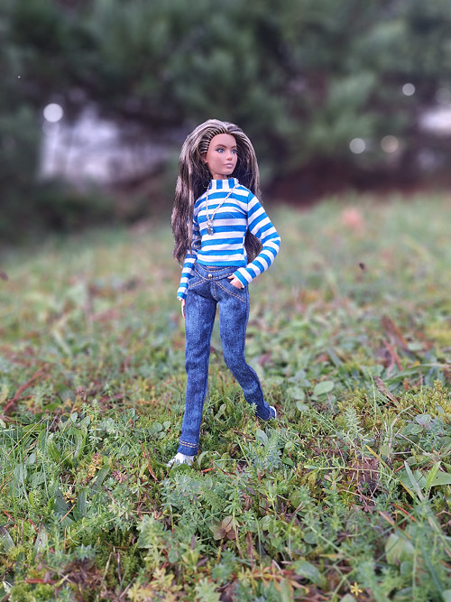 Barbie džíny s kapsami strečové žíhané č-1