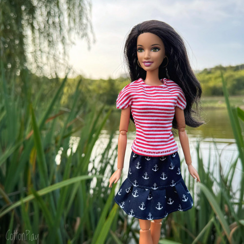Suknička pro Barbie -tm. modrá s kotvami, volánek