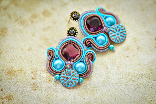Soutache tyrkysovo-hnědé náušnice