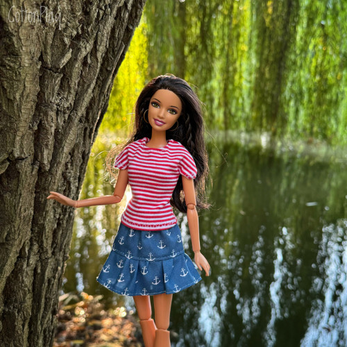 Suknička pro Barbie -sv. modrá s kotvami, volánek