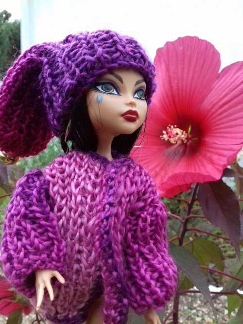 Pletený obleček pro Monster High: svetřík a čapka