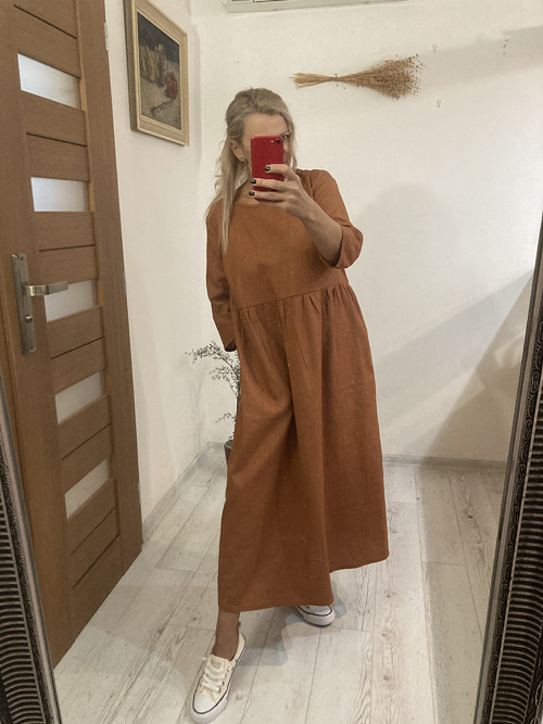 Ľanové Šaty s Rukávmi a Vreckami /COGNAC/