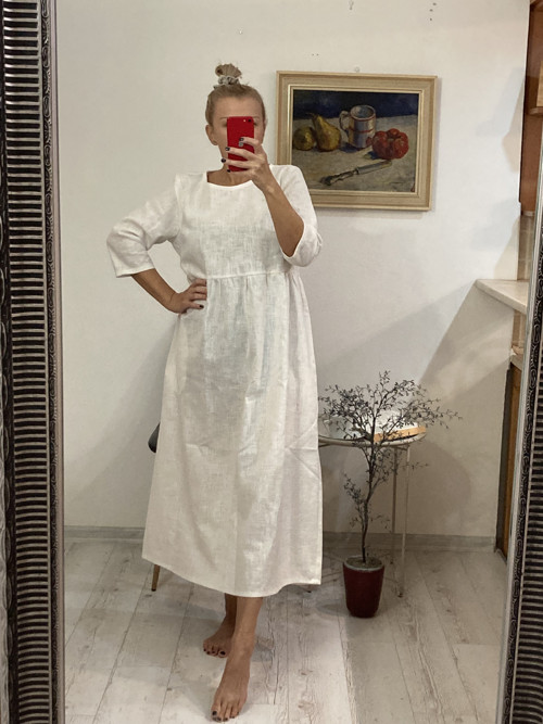 Ľanové Šaty s Rukávmi a Vreckami /CREAM/