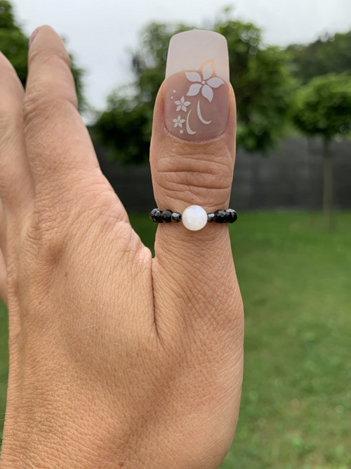 Prstýnek přírodní Černý Spinel a Měsíční kámen