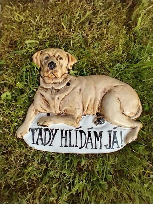 Cedulka s labradorem a nápisem