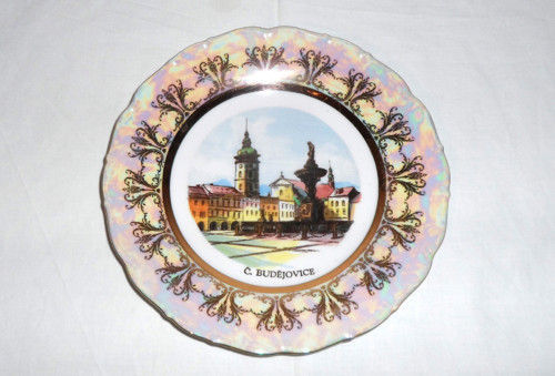 Porcelán TALÍŘ zlacený, Č. Budějovice, metalíza