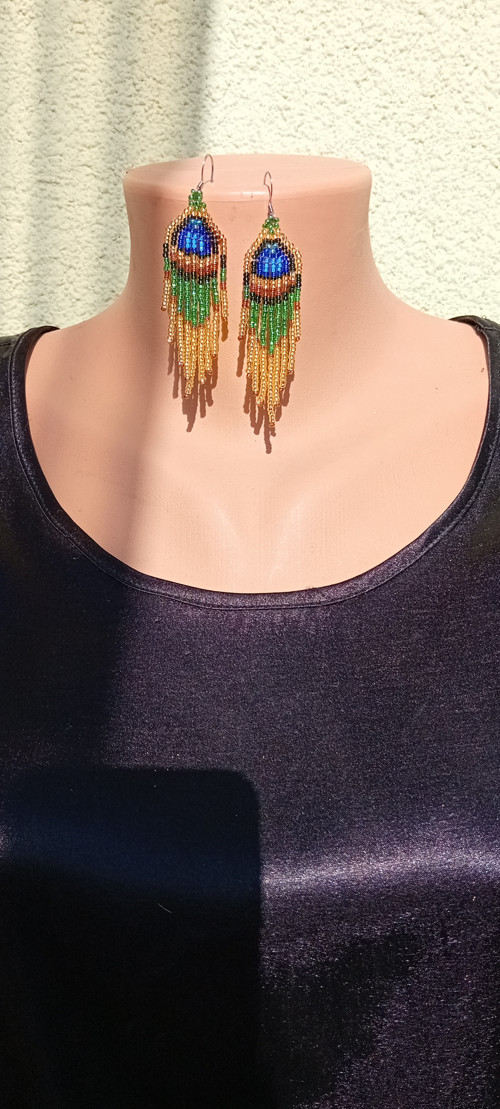 Paví náušnice - Peacock feather fringe earrings