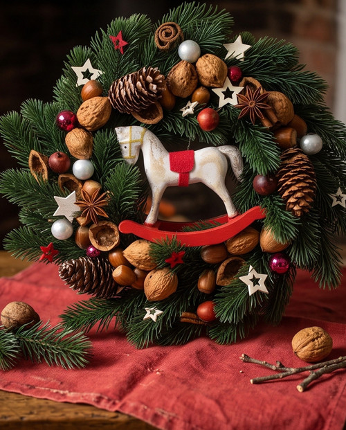 Adventní věnec s kořením a dřevěným koníkem