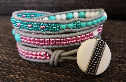 Náramek Wrap Bracelet šedo-růžovo-zelinkavý