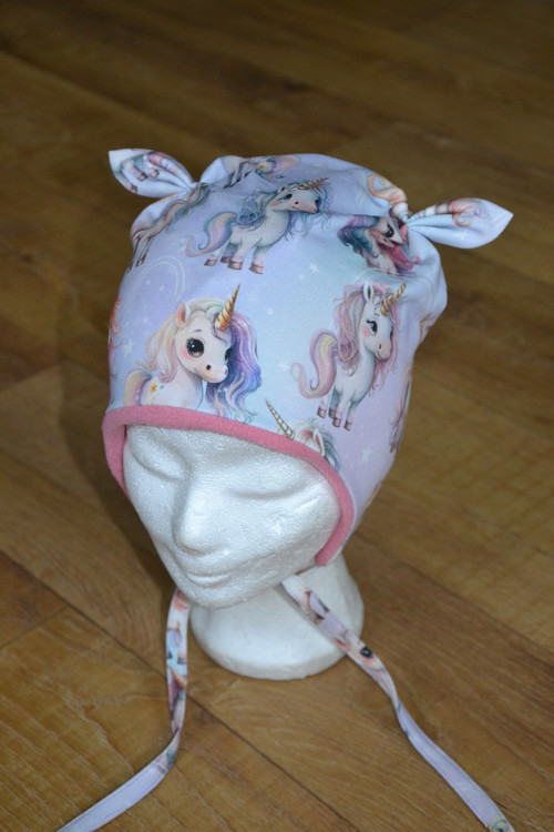 Zimní ušanka na zavazování "jednorožci" 49-52/3cm