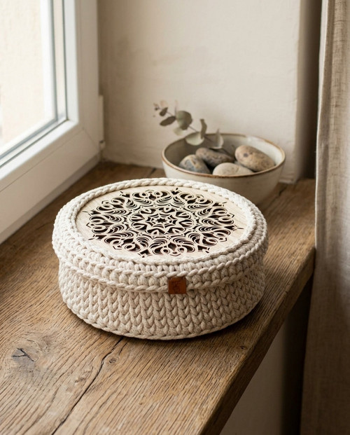 Háčkovaný košík s víkem - mandala, průměr 25 cm
