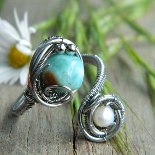 Larimar s perlou prsten