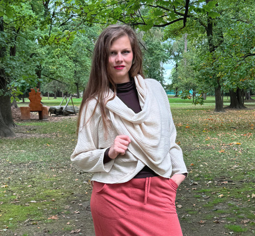 Kardigan šálový krátký smetanový mušelín