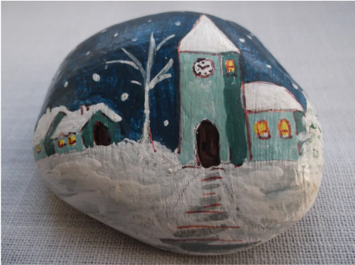 Zimní vesnička...malovaný kámen 7 x 6 x 2,5cm.