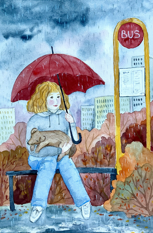 Originál ilustrácia Daždivý jesenný deň